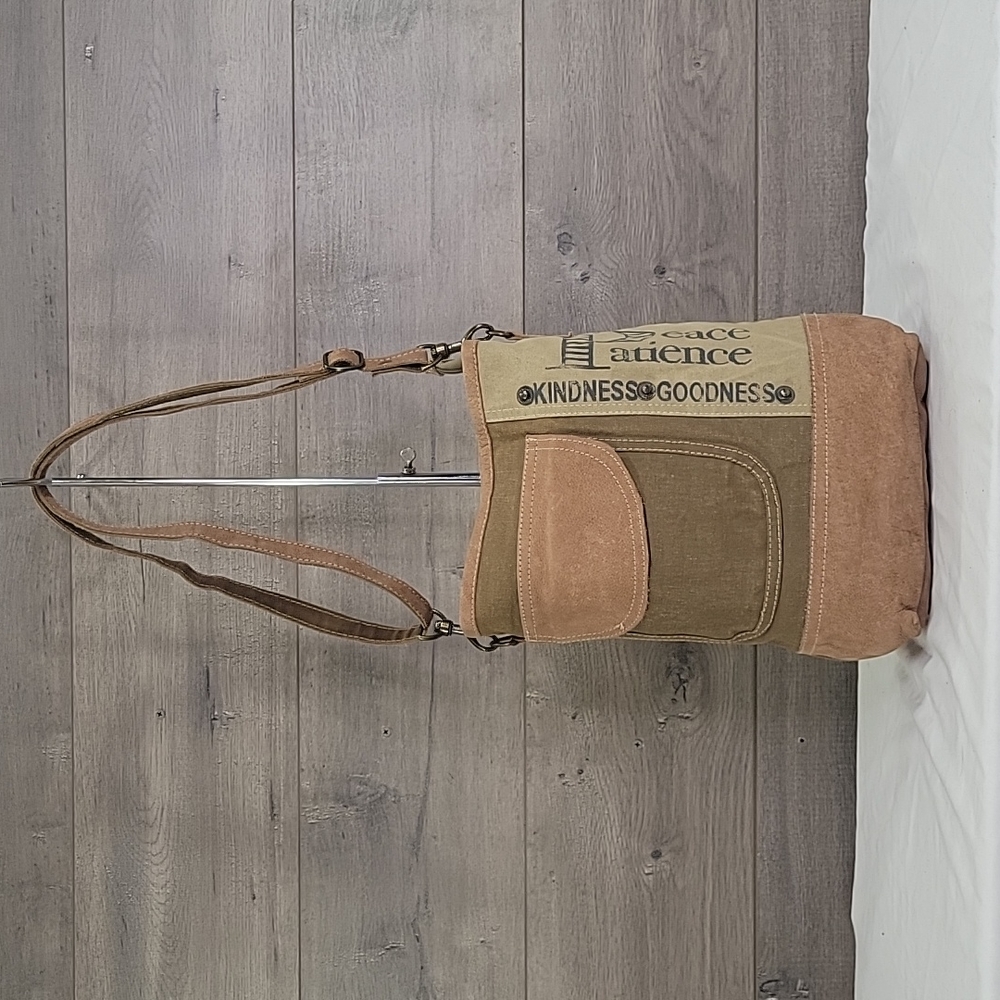 Elegant Tan Suede Canvas Shoulder Bag Front Pocket, Zipper with Adjustable Strap